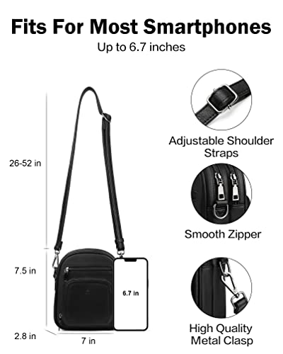 FADEON Small Purses for Women Crossbody Bags, Designer PU Leather Mini Cross Body Purse Travel Shoulder Bag Card Slots - color: Pure Black Retro Style
