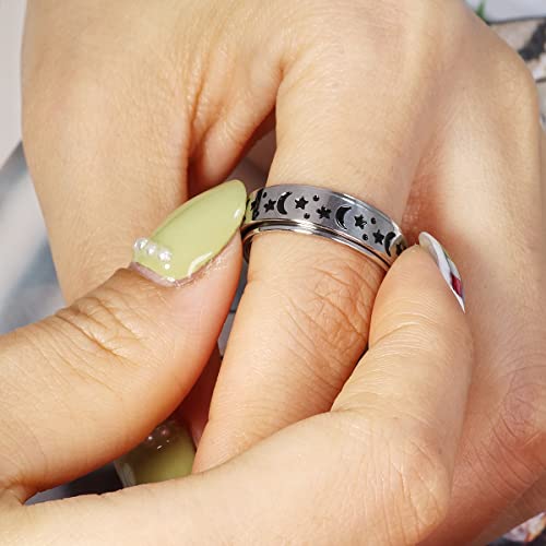 Anxiety Ring for Women Spinner Rings:Rotating Rings Stainless Steel 6mm Moon Star Anxiety for Men Band Jewelry Gift for Women Size 6 7 8 9 10 - color: A-Silver