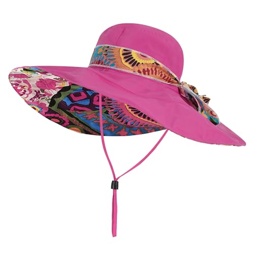 Women's Foldable Floppy Sun Hats Reversible Vacation Beach Cap Summer Wide Brim UPF 50+ Travel Fishing Bucket Hat - color: Rose Red