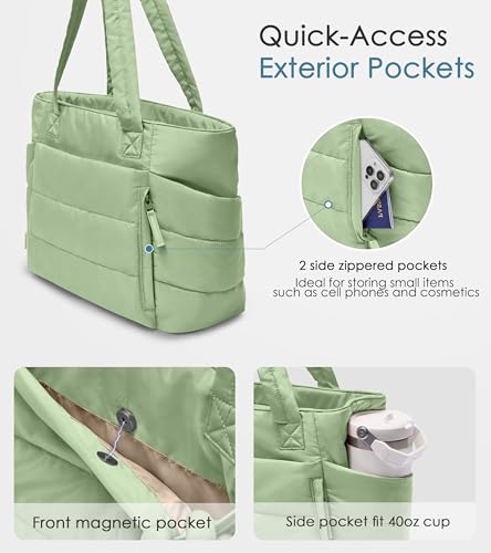 Tote Bag for Women with Zipper, Quilted Puffer Tote Bag with Compartments, Lightweight Puffy Work Bags for Women Travel - color: Foam Green