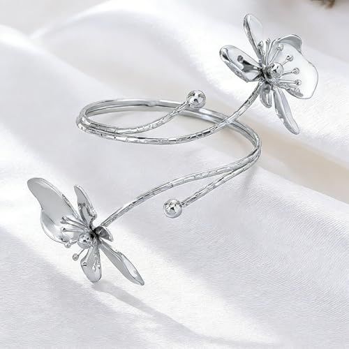 Flower Arm Cuff Bracelets for Women Adjustable Gold Upper ArmBand Jewelry Boho Floral Open Wrap Statement Bangle Bracelet Arm Cuff Jewelry Gifts for Women - color: Sliver