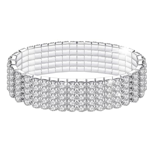 Kucheed Rhinestone Stretch Bracelets, Twinkle Diamond Tennis Bangle, Silver Crystal Sparkling Bridal Stackable Bracelet Jewelry, Bling Shining Wedding Party Elastic Band Bracelet for Women - color: Silver - 5 Rows