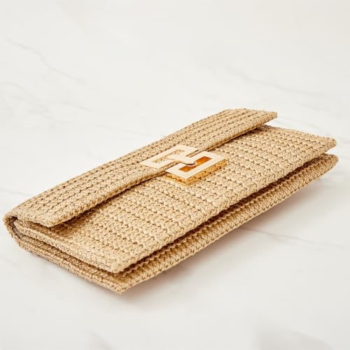 Huralona Women Straw Woven Clutch Purse Pleated Handbag for Summer Beach Vacation Straw Shoulder Crossbody Bag - color: White2