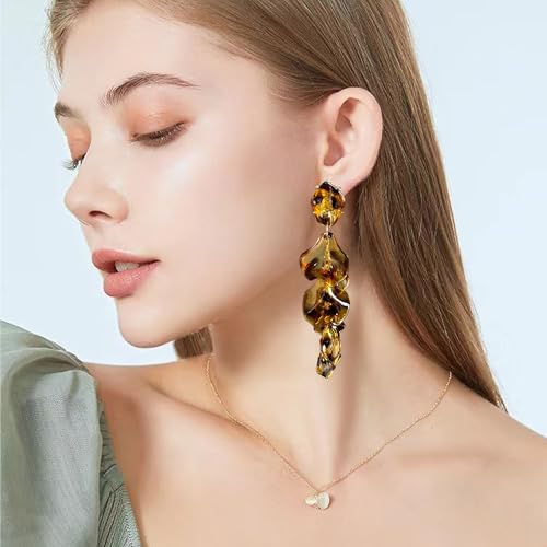 Long Acrylic Rose Petal Earrings Dangle Exaggerated Flower Earrings Drop Statement Floral Tassel Earrings for Women - color: Amber
