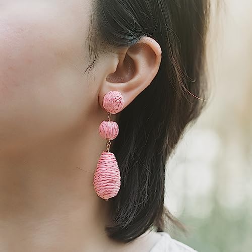 Boho Raffia Earrings Statement Dangle Earrings Cute Teardrop Ball Earrings Colorful Summer Jewelry Handmade Rattan Earrings for Women - color: Coral