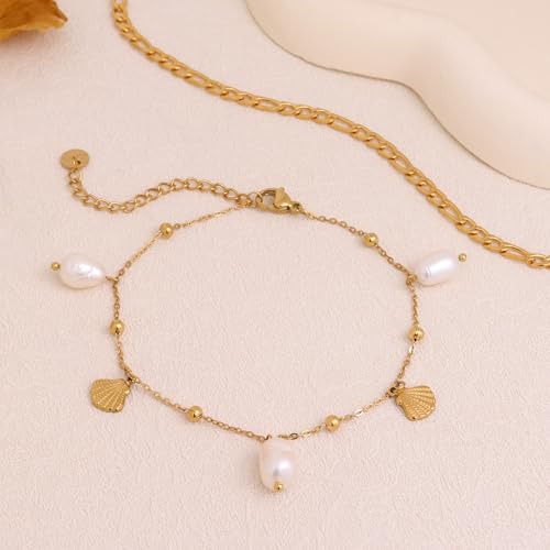 Boho Beads Beach Layered Anklet Set for Women, Handmade Gold Starfish Pearl Shell Anklets Summer Ocean Accessories Jewelry Gift - color: Figaro
