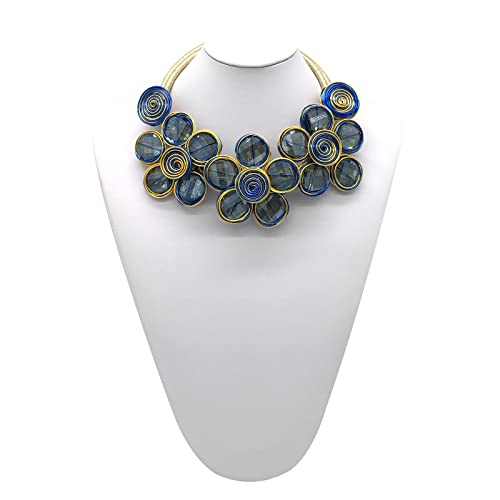 Statement Chunky Flower African Necklace For Women Tribal Fashion Costume Jewelry Earring Sets Unique Big Colorful Rhinestone Crystal Pendent Collar Choker Bib Handmade - color: Bib blue plus gold