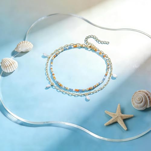 KissYan Layered Ankle Bracelets for Women, Summer Beaded Anklets Waterproof Adjustable Handmade Jewelry Gifts - color: Blue
