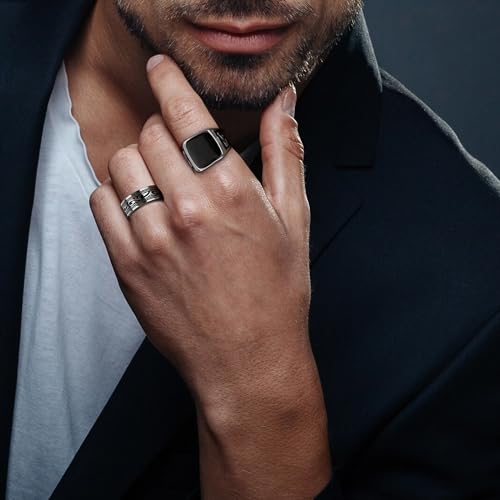 MEDOJO 10 Pcs Men's Stainless Steel Vintage Signet Ring Square Pinky Thumb Chunky Thin Band Ring Vintage Biker Band Rings Set 7-13 - color: Silver