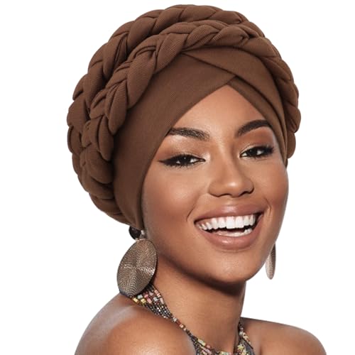African Women Turban Caps Pre-Tied Twisted Turbans Head Scarf for Women Hair Wraps Cover Beanie Cancer Chemo Headwear - color: 1 Pack Double Twisted Braid A: Coffee