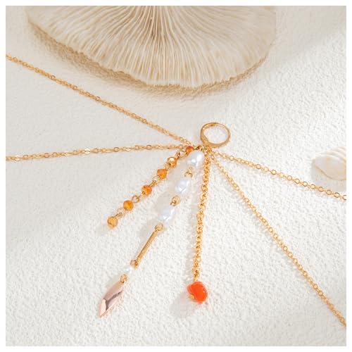 Summer Beach Ocean Pearl Waist Chain,Bikini Seashell Body Chain Jewelry,Pearl Tassel Belly Chain,Festival Rave Starfish Chest Jewelry for Women - color: Red