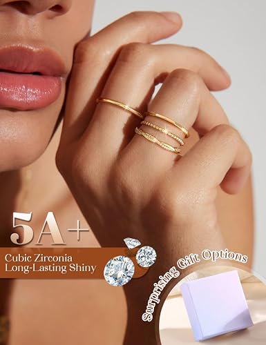 CASSIECA Non Tarnish 14K Gold Plated Stackable Rings for Women Cubic Zirconia Band Rings Set Dainty Trendy Statement Engagement Promise Stacking Ring Size 5-10 - color: 14K Gold Plated