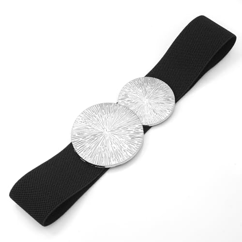 Women Wide Stretchy Waist Belts Elastic Cinch Belt for Dresses - color: Black Band Silver Buckle, size: Fit Waist 30"-32"