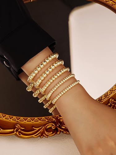 XIANNVXI 5PC Platinum Plated Silver Beaded Bracelet for Women Stretch Elastic Stackable Bead Ball Bracelet Trendy Set Women Dainty Jewelry - color: Gold A