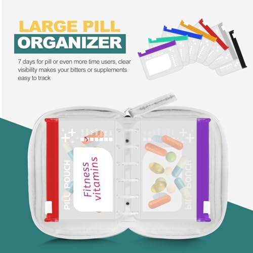 Timueetech A7 Waterproof Pill Organizer with 7 PCS L Size Zippered Pill Pouches for A7 Binder, Large BPA-Free Weekly Medicine Organizer, Color-Coded Reusable Travel Pill Storage System - color: White
