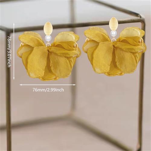 Handmade Fabric Flower Petal Fringe Dangle Drop Earrings Bohemian Floral Tassel Stud Earrings For Women - color: Dark Yellow