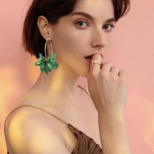 Exaggerated Bohemian Resin Rose Flower Petal Dangle Drop Earrings Long Acrylic Tiered Floral Tassel Earring for Women - color: Dark Green