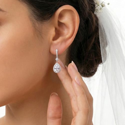 SWEETV Cubic Zirconia Dangle Earrings for Women, Teardrop Bridal Earrings for Wedding, Brides, Bridesmaids, Pear Shaped Drop Earrings for Women Prom Formal Party, Silver - color: Silver-Style4
