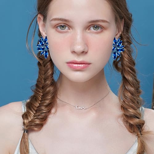 Bohemian Statement Sparkly Colourful Fancy Rhinestone Crystal Flower Dangle Drop Stud Earrings Vintage Wedding Bridal Prom Earrings for Women - color: Navy