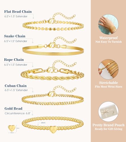 doubgood Gold Bracelets for Women Stackable, 14K Gold Plated Waterproof Bracelet Set, Dainty Adjustable Gold Bracelet Stack with Heart Initial Charm Layered Chain Jewelry Gifts for Women - color: L - Gold