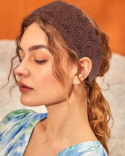 HAIMEIKANG Hippie Hair Bandanas Headbands for Women Boho Headband Knit Hair Bands Floral Head Wrap for Girls (Khaki + Brown + Dark Brown) - color: Khaki + Brown + Dark Brown