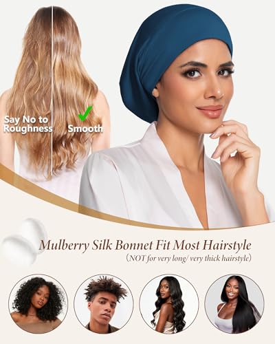 100% Mulberry Silk Bonnet for Sleeping Women Men, Real Silk Lined Bonnets for Curly Hair, Braid Sleep Cap Black Womens - color: Steel Blue + Black Lining