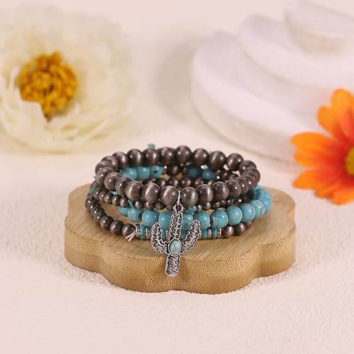 Western Outfit for Women Bohemian Vintage Stackable Turquoise Bracelet Rustic Beaded Cow Head Charm Stretch Bracelet Western Jewelry Country Concert Outfits for Women - style: Style2