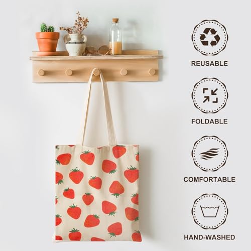 1-PACK Cute Strawberry Print Canvas Tote Bag, Reusable Grocery Bag with Magnetic Snap Closure & Inner Zipper Pocket, Aesthetic Gift for Women - color: A1-strawberry 1 Pack