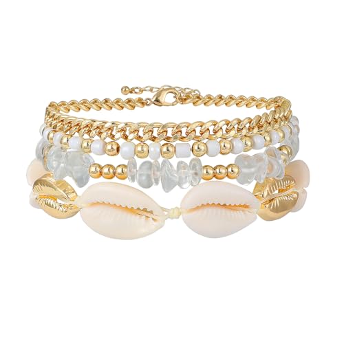 Shell Bracelet Seashell Boho Beaded Stretch Bracelets for Women Summer Beach Bracelets Starfish Charm Bracelet Stackable Gold Plated Bracelets Set for Women - color: k-shell 4pcs