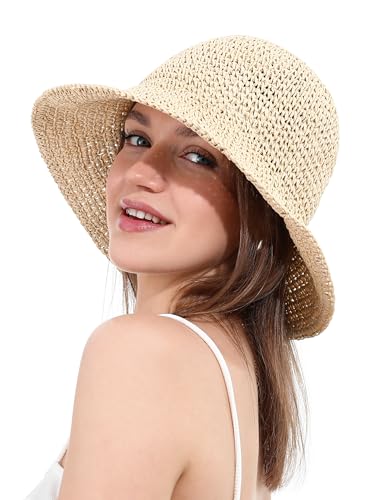 Womens Sun Hat Handmade Crochet Straw Bucket for Summer Foldable Travel Cap - color: Beige