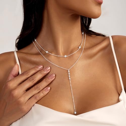 Luxval Lariat Silver Necklace for Women, Dainty Long Necklace Silver Y-Shaped Pendant Necklaces Trendy Beaded Chain Drop Necklaces Jewelry for Women Gifts - color: Silver-Layered 4CZ Y Necklace