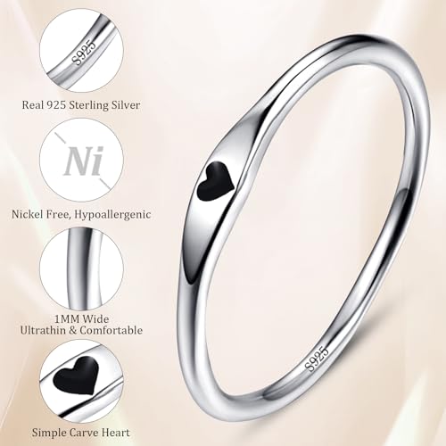 925 Sterling Silver Heart Ring for Women, 1mm Ultra Thin 14K Plated Gold Hypoallergenic Wedding Band with Black/Yellow/Red/Blue/Pink Love, Promise Stack Travel Jewelry Gifts Size 5-10 - color: A-Silver-Black