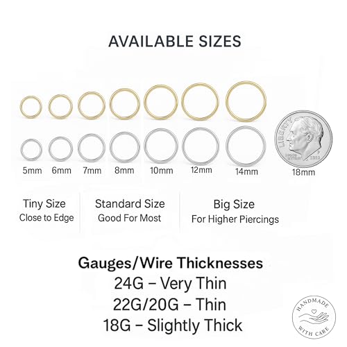 Gold Hoop Earrings Silver Hoop Earrings - Hoop Earrings For Women Two Pcs Of Thin Gold Filled Sterling Silver Hoops, Helix Hoop, Tragus Ring, Cartilage Hoop - color: Gold, style: 12mm 18 gauge / 1 pair