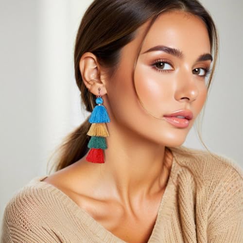 Clip on Earrings, Lightweight Colorful Layered Tassel Bohemian Statement Tiered Big Dangle Drop Earrings for Women, Non Pierced, Boho Jewelry - color: Blue