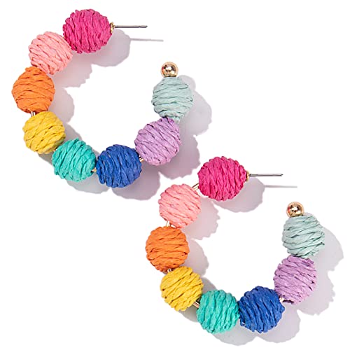 Raffia Hoop Earrings Statement Boho Beaded Earrings Cute Rattan Handmade Colorful Jewelry for Women Unique Summer Outfits - color: Rainbow