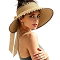 Women's Sun Visor Hats Wide Brim Beach Hat Straw Ponytail Visor Packable Foldable UPF 50+ Floppy Travel Hats - color: Khaki02