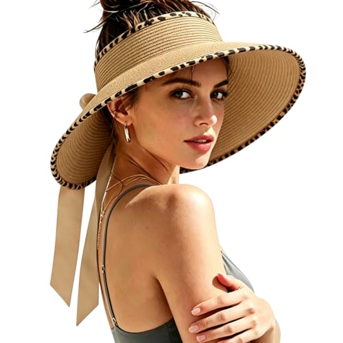 Women's Sun Visor Hats Wide Brim Beach Hat Straw Ponytail Visor Packable Foldable UPF 50+ Floppy Travel Hats - color: Khaki02
