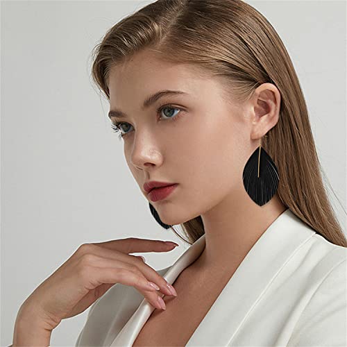 Minimalist Handmade Lightweight Large Soft Faux Leather Fringe Feather Dangle Drop Earrings Bohemian Huge Leaf Hook Earrings with Bar for Women - color: Black