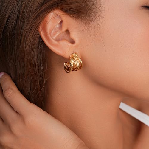 Sylph Chunky Gold Earrings 14K Gold Plated Statement Earrings for Women Trendy Hypoallergenic Textured Hoop Ribbed Huggie Earrings - style: Strand Twisted-18K Gold Plated