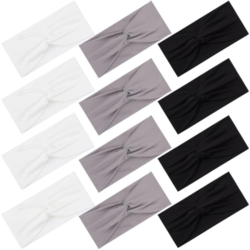 12 Pcs Stretchy Headbands for Women, Absorbed Sport Headband Soft Twist Knotted Hairbands for Daily Life Yoga Workout(Black/Grey/White) - color: Black/Grey/White