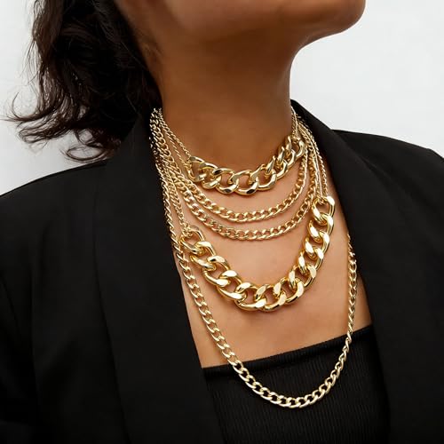Gold Chunky Necklaces for Women Multi Layered Punk Gold Statement Necklaces Hip Hop Portrait Cuban Link Chain Necklace 90s Outfit Accessories - style: Style1