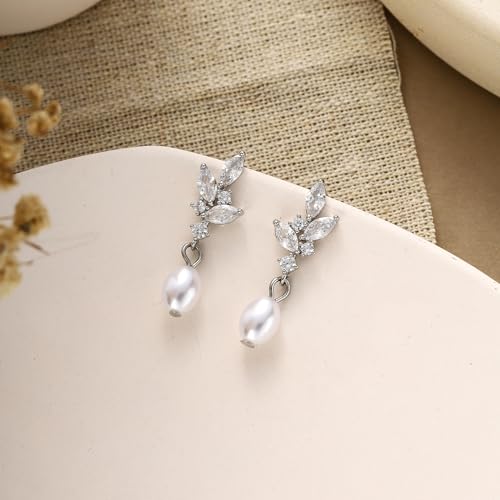 Pearl Earrings for Women Dainty Diamond Pearl Drop Earrings 14k Gold Plated Dangle Earrings for Women Weddings Gifts Bridesmaid Gifts - color: B-silver pearl earrings