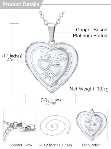 U7 Women Locket Necklace Platinum 14K Gold Photo Lockets that Hold Picture,Chain 20 Inch Personalized Gift Custom Love Heart Image Necklaces - color: 03# Platinum*2 Heart