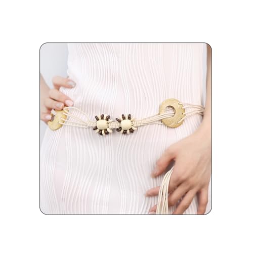 Women Braided Waist Belt Boho Woven Belt with Wooden Beads and Ring Clasp Vintage Long Tassel Rope Tie Belt for Dress - color: Beige 4