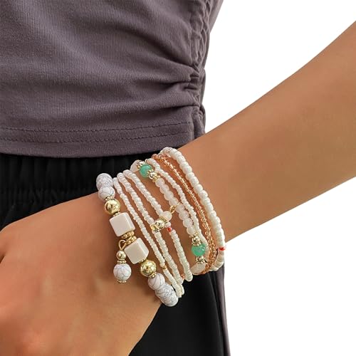 IFKM 8PCS Beaded Bracelets for Women, Multilayered Stackable Strand Stretch Bead Bracelet Pack Handmade Trendy Bohemian Charm Jewelry - color: White