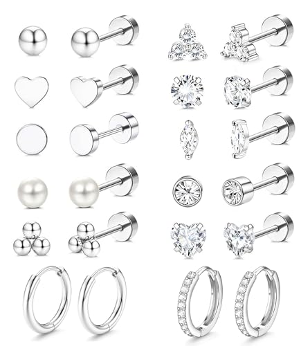 Incaton Hypoallergenic Flat Back Earrings for Women Silver 14K Gold Plated Surgical Stainless Steel Stud Earrings Cubic Zirconia Cartilage Studs Earrings For Multiple Piercing Sensitive Ears - color: B-Silver