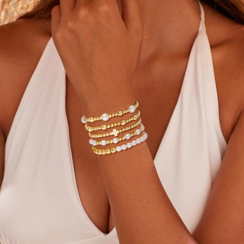 VIBILIA Gold Beaded Bracelets Set for Women 14K Gold Plated Dainty Pearl Cross Bracelet Stack Stretch Bracelet Set Fashion Accessories Gifts - color: 5P-#2