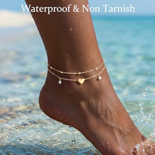 Gold/Sterling Silver Anklet Bracelets for Women Waterproof, Non Tarnish 925 Sterling Sliver Plated Heart Evileye Butterfly Charm, Dainty Summer Beach Anklets for Women, Beach Vacation Bikini Outfits for Her Mom - style: Heart-Gold