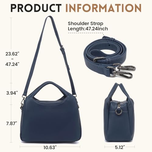 KOGTLA Medium Genuine Leather Purses for Women with Detachable Satchel Strap, Ladies Soft Handbags, Tote Hobo Bags - color: Blue