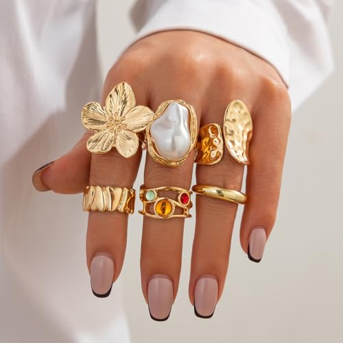6Pcs Gold Flower Crystal Chunky Knuckle Rings Stacked for Women, Statement Stack Zirconia Hammered Geometry Irregular Baroque Pearl Open Ring Jewelry Gift - color: Gold